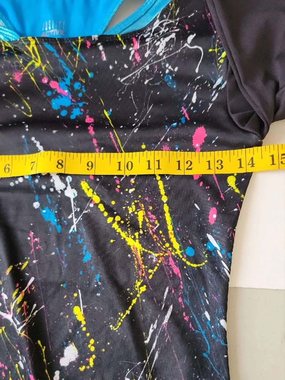 Justice Girls Leotard Black Neon Paint-Splatter Long Sleeve One-Piece Size 14